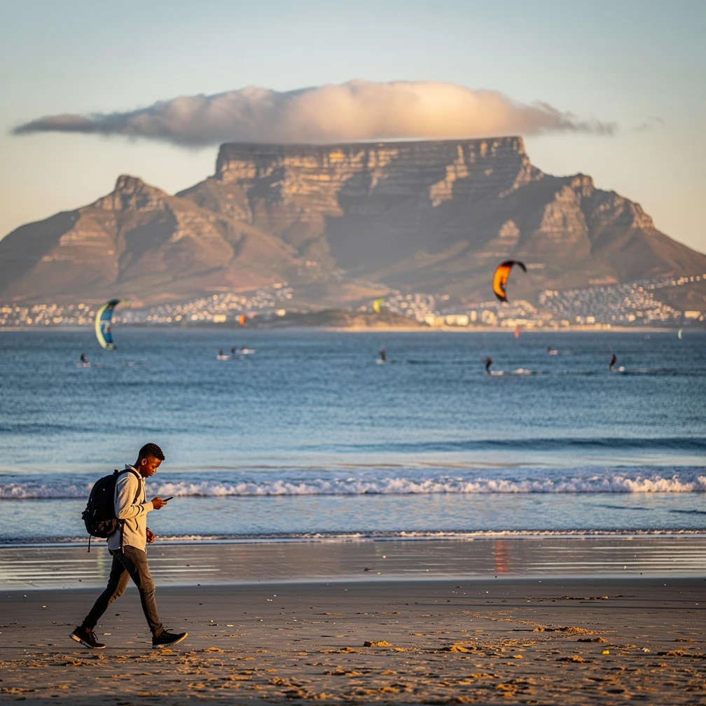 South African student walking on Bloubergstrand beach with Table Mountain across Table Bay in Cape Town