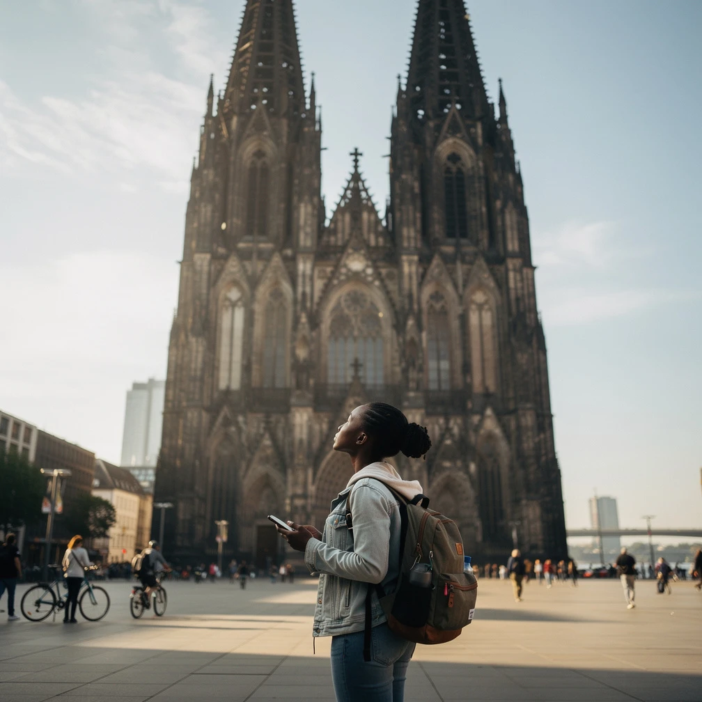 South African student at Cologne Cathedral in Germany. DAAD Scholarship 2026
