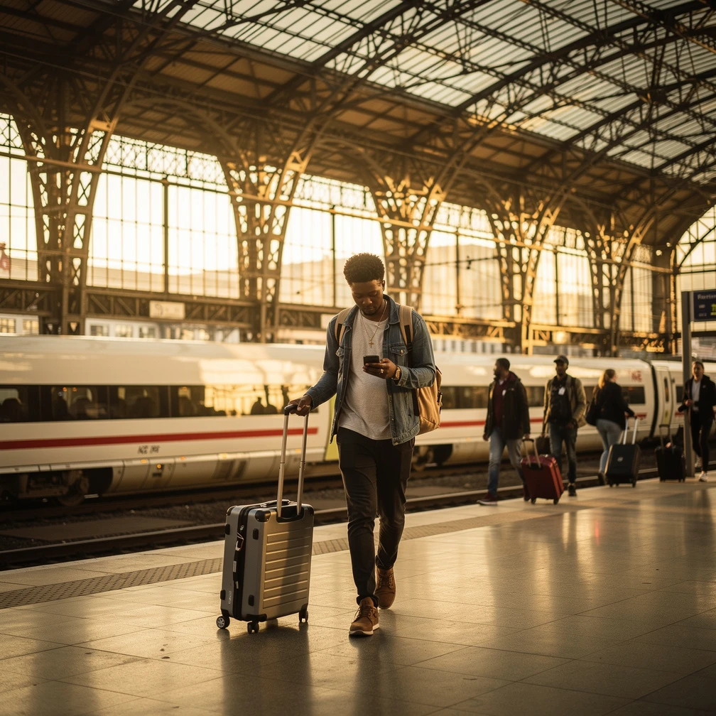 South African student arriving at Berlin Hauptbahnhof for a DAAD-funded internship in Germany 2026