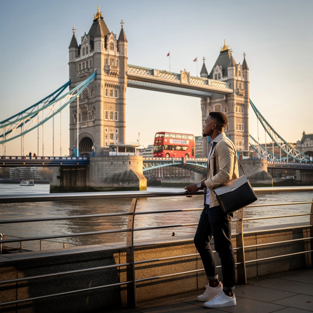 South African student at the South Bank with Tower Bridge in the background, London internship 2026