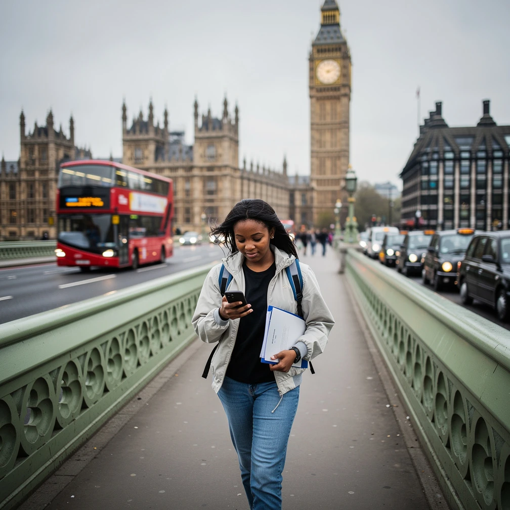 South African student walking across Westminster Bridge with Big Ben behind her, holding a document folder for her internship visa application