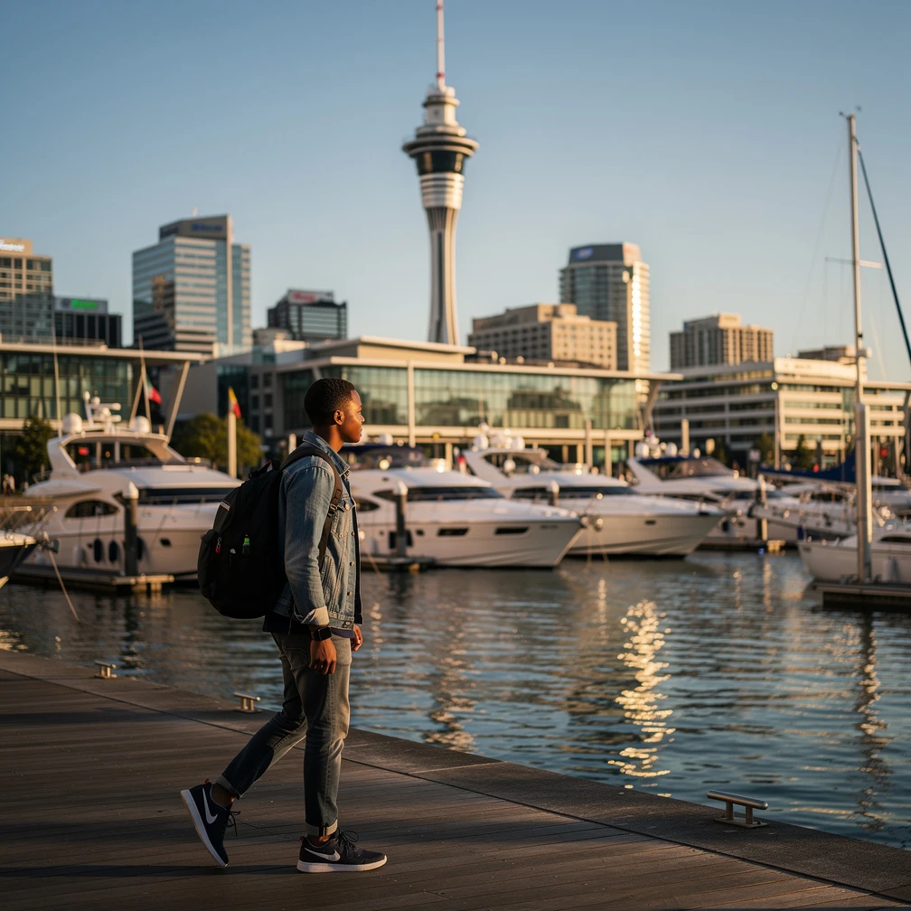 South African student walking along Auckland's Viaduct Harbour with the Sky Tower behind her, on a New Zealand Working Holiday Visa 2026